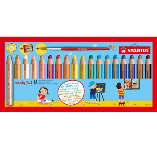 STABILO Woody 3 in 1 - 18 pièces avec taille crayon et pinceau